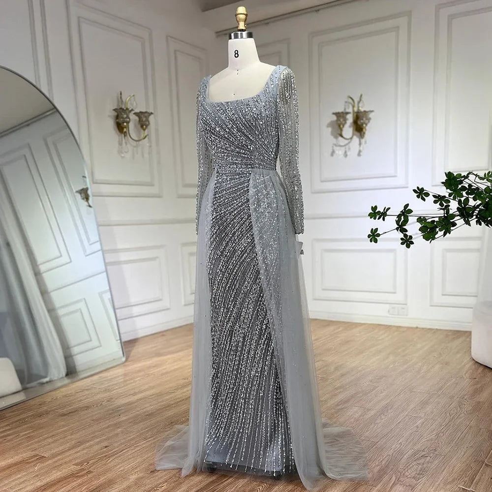 SERENE HILL 2024 Arabic Dubai Silver Gray Beaded Mermaid Evening Dresses Long Sleeves Gown With Skirt For Women Party GLA71618L