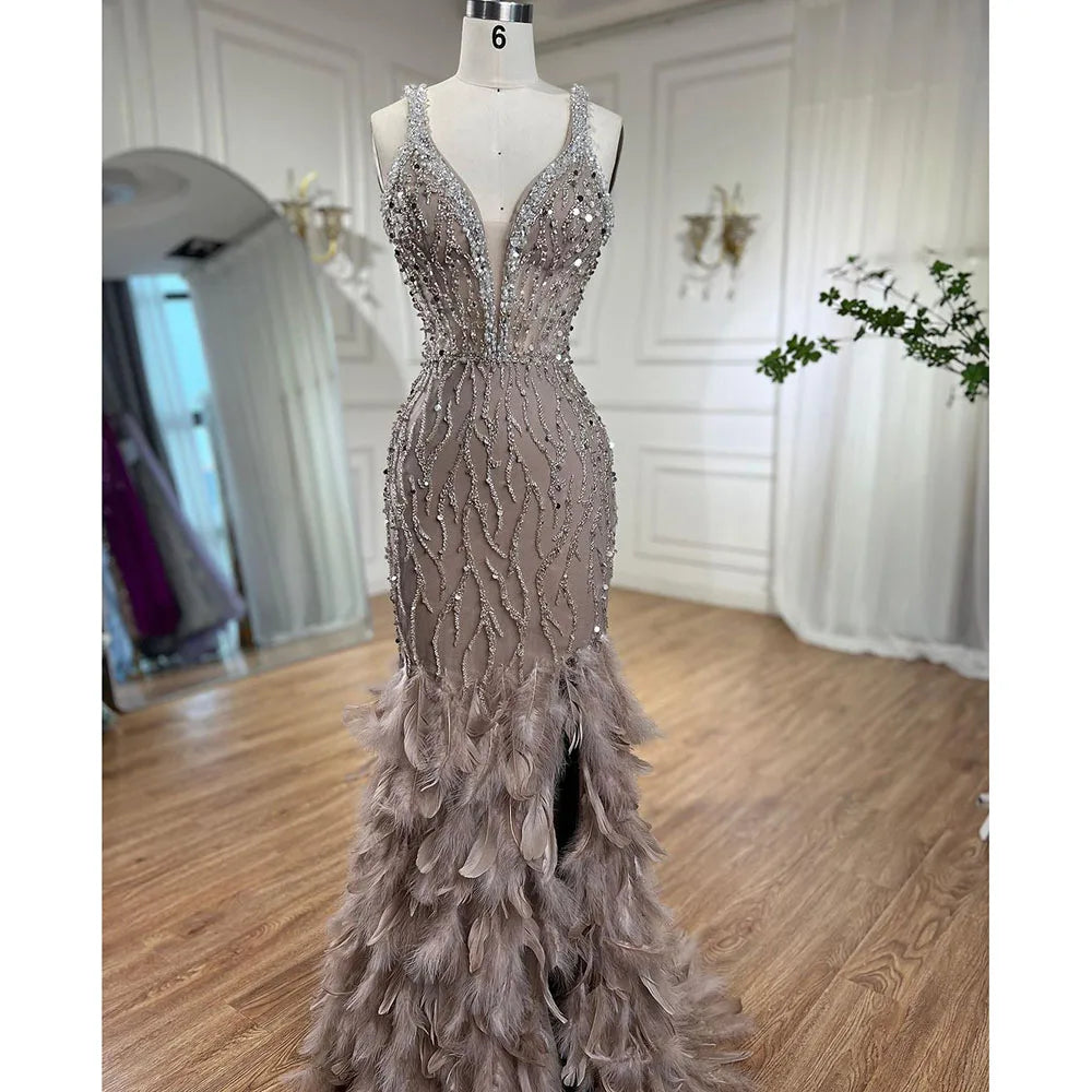 Serene Hill Pink Mermaid High Split Luxury Evening Dresses Feather Beaded Gowns Long 2024 For Women Wedding Party LA72152