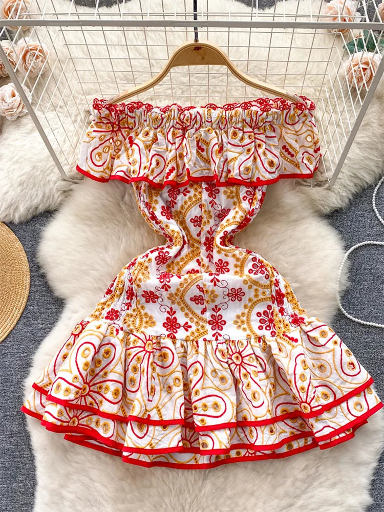 Vacation Beach Dress Women Summer Ruffle Hem Vintage Cutwork Embroidery Dress Front Lace Up Sexy Off Shoulder Mini Party Dress