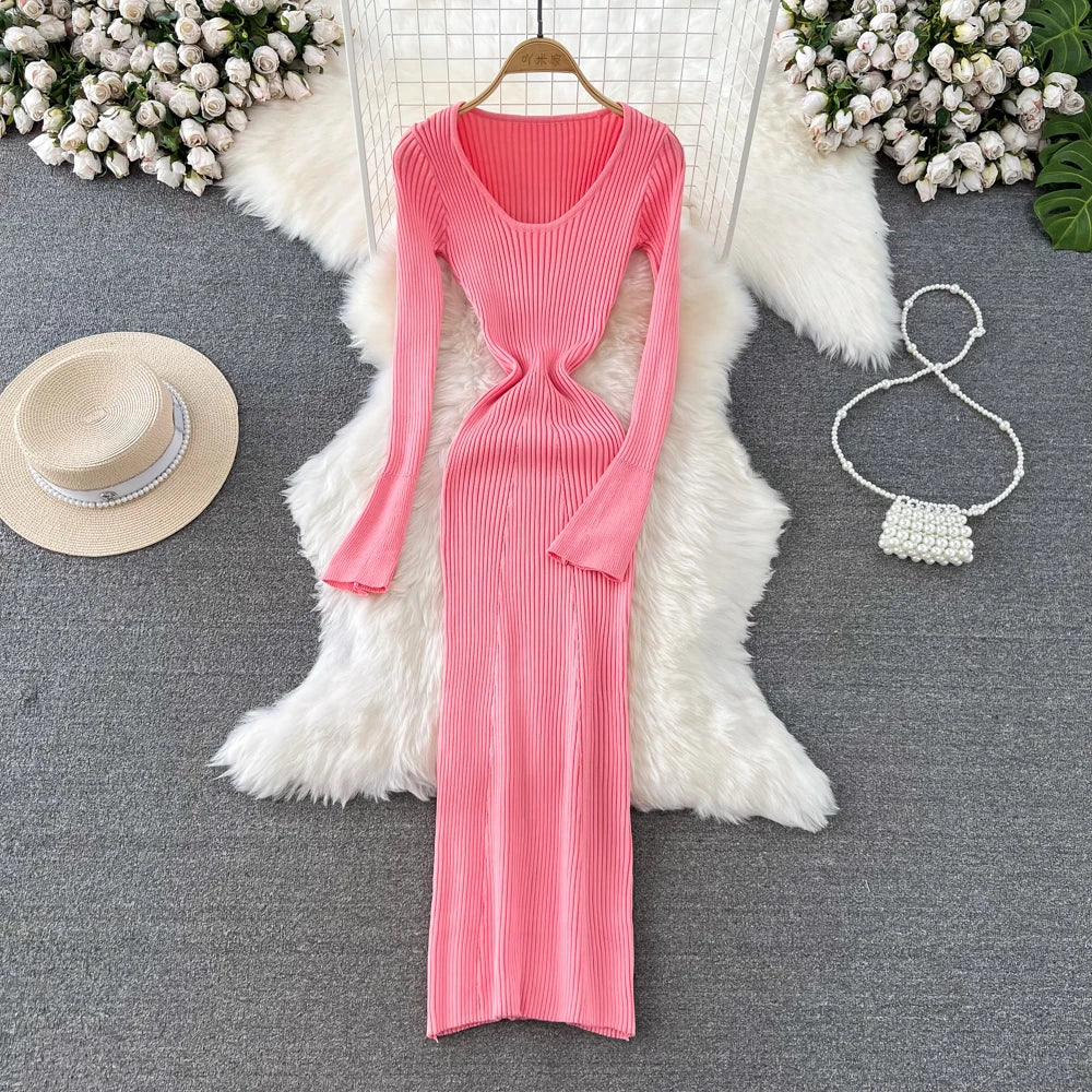 Women Chic Elegant Long Sleeve Bodycon Vneck Dress Sexy French Fashion Knit Wrap Vestidos Elastic Slim Pencil Sweater Dress