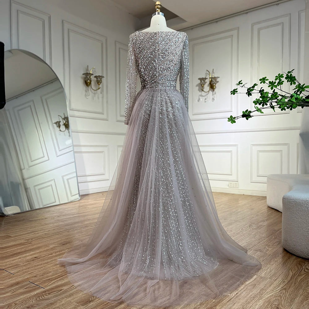 SERENE HILL 2024 Arabic Dubai Silver Gray Beaded Mermaid Evening Dresses Long Sleeves Gown With Skirt For Women Party GLA71618L
