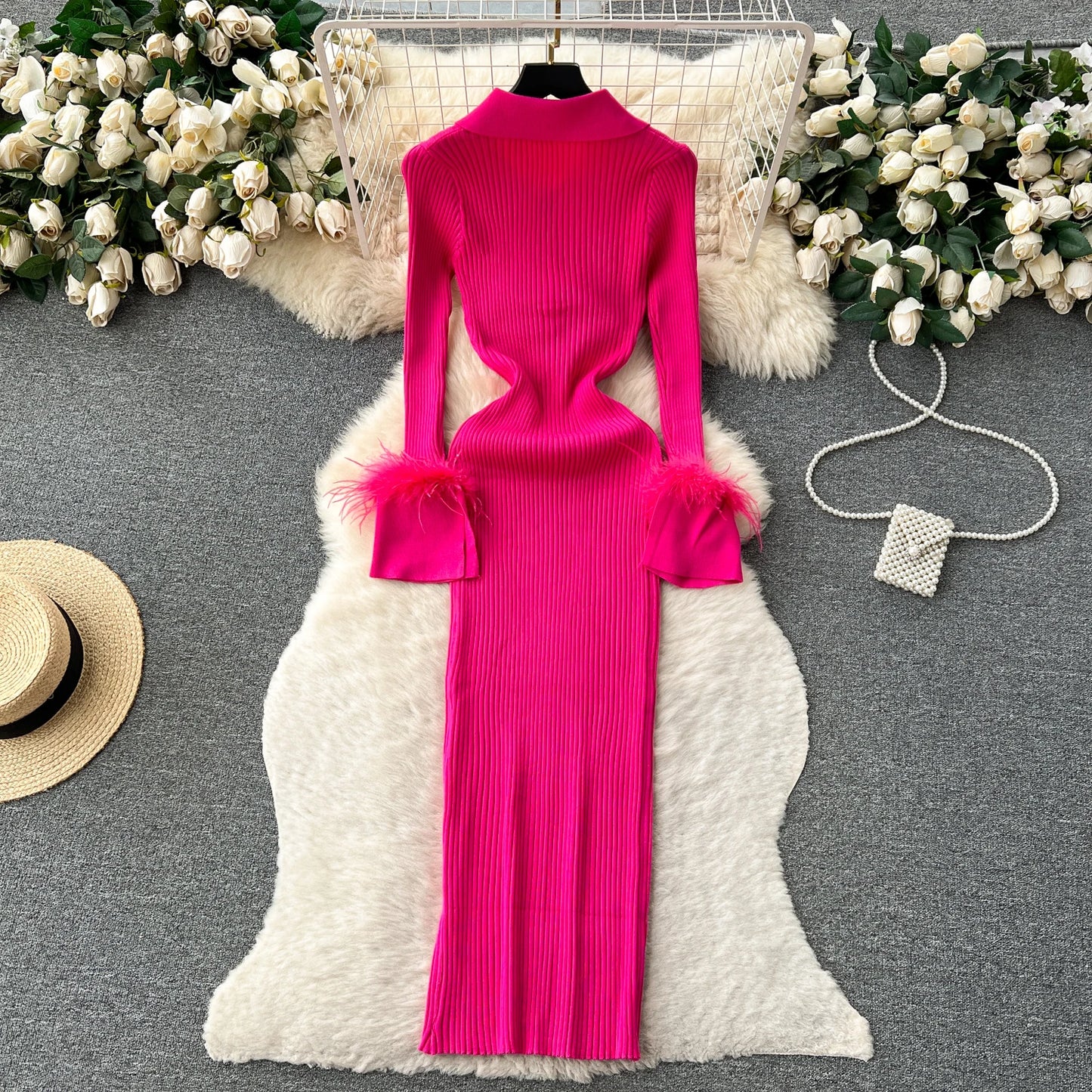 Elegant Turn-down Collar Feather Long Sleeve Knit Bodycon Pencil Dress Slim Fashion Sweater Vestido Sexy Women Winter Clothing