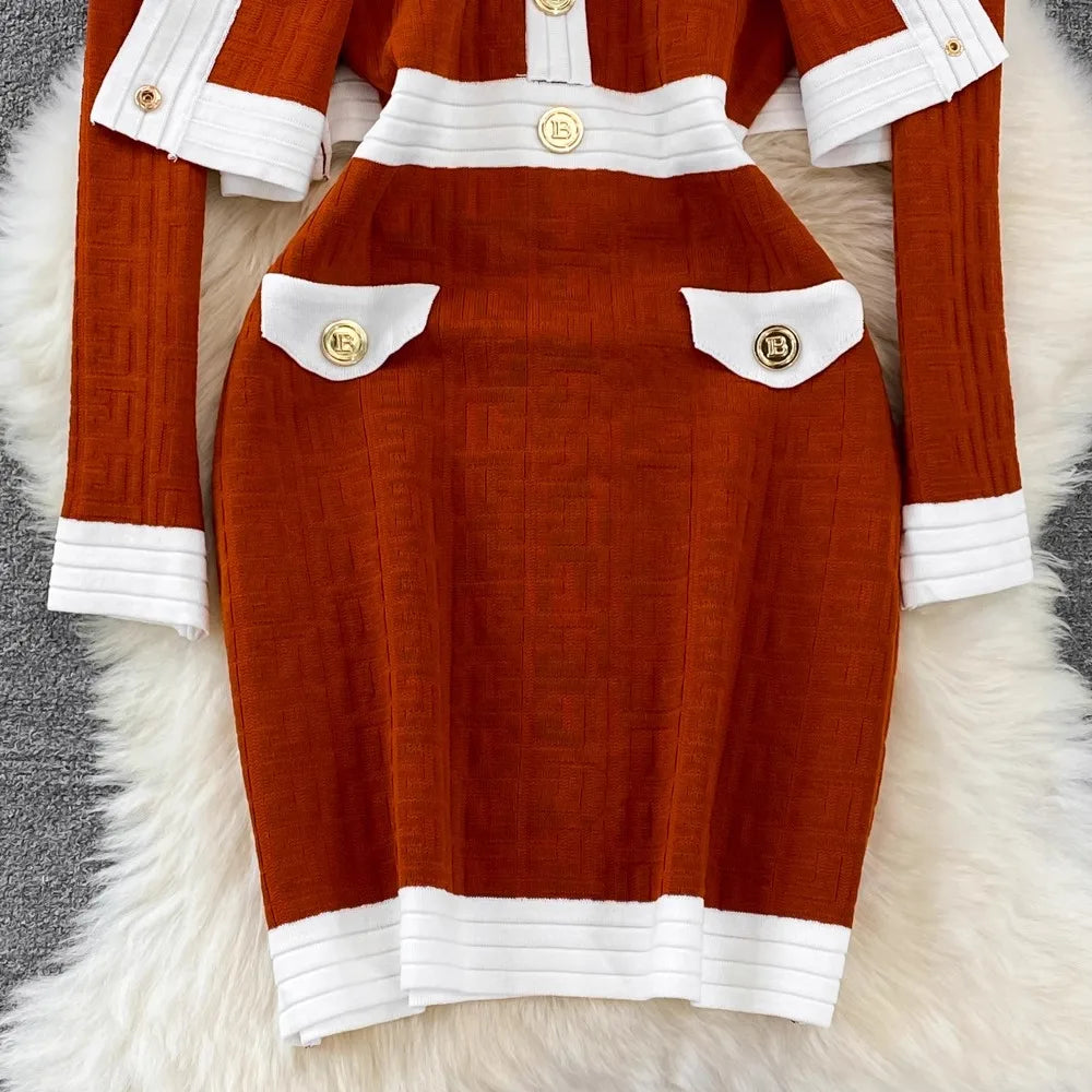 Spring Autumn New Trendy Knitted Two Piece Set for Women Vintage Elegant Slim Suits V-neck Short Cardigan+Mini Hip Wrap Dress