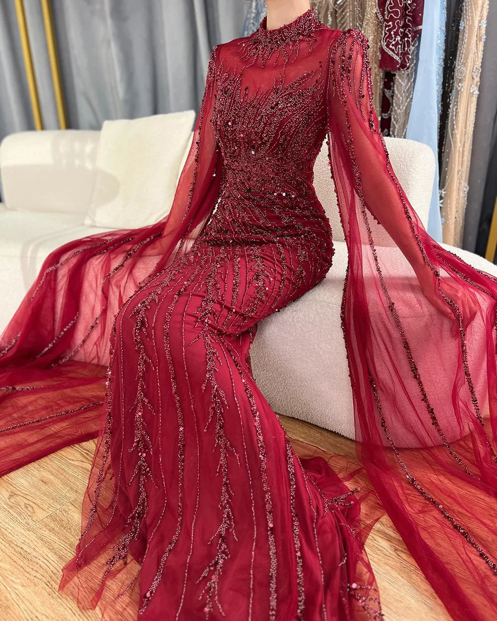 Serene Hill 2024 Nude Cape Sleeves Mermaid Lace Beaded Luxury Dubai Long Evening Dresses Gowns For Formal Occasion LA71885A