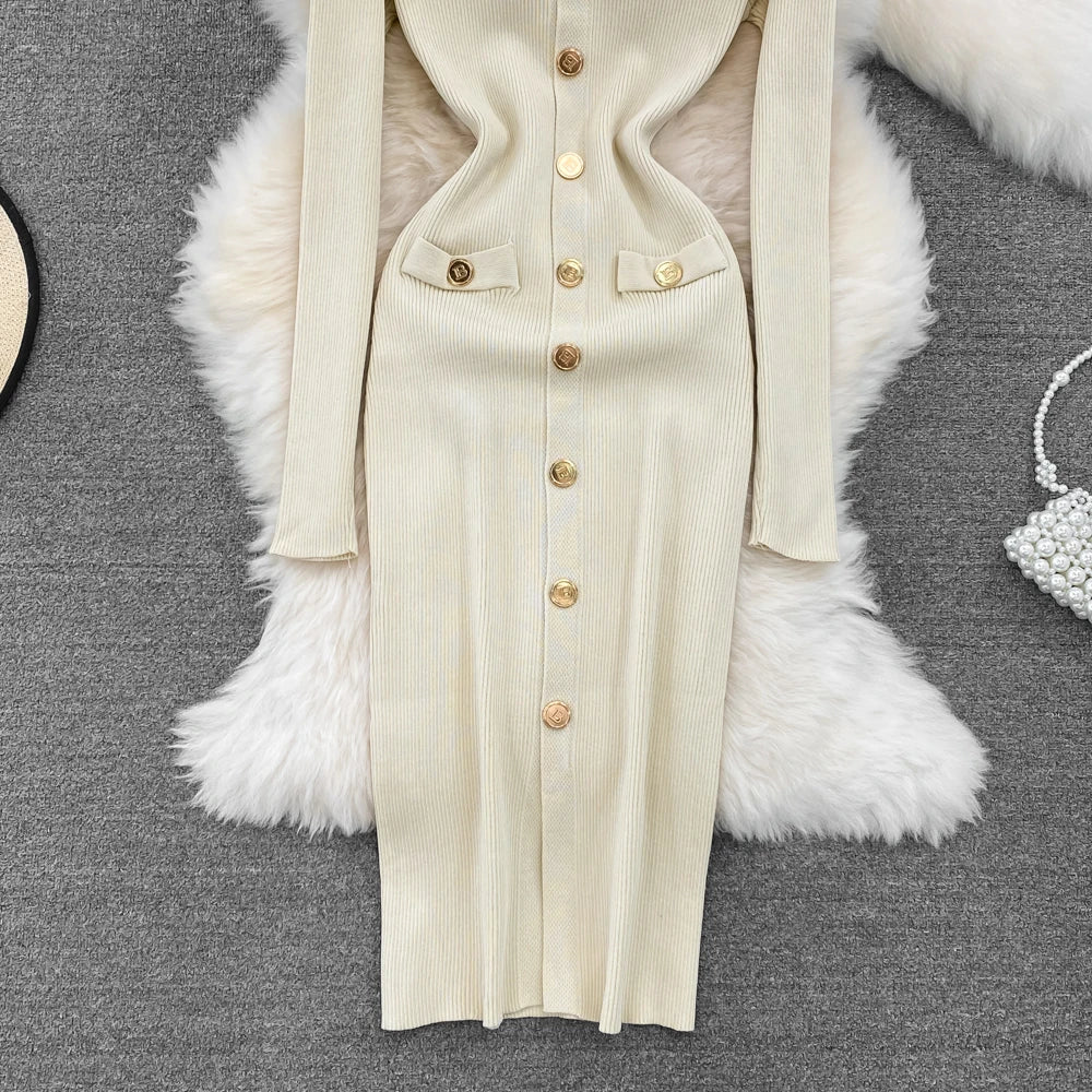Sexy Split V-neck Long Sleeve Bodycon Dress Chic Elegant Evening Party French Fashion Knit Vestidos Women Autumn Pencil Dress
