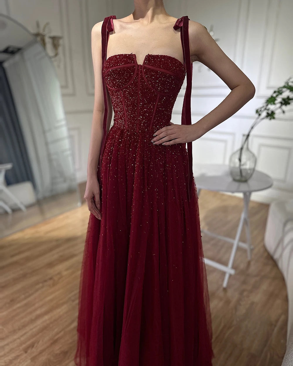 Serene Hill 2024 Saudi Wine Red Beaded Evening Gown Spaghetti Strap A-Line Luxury Floor-Length for Formal Occasion LA70600A