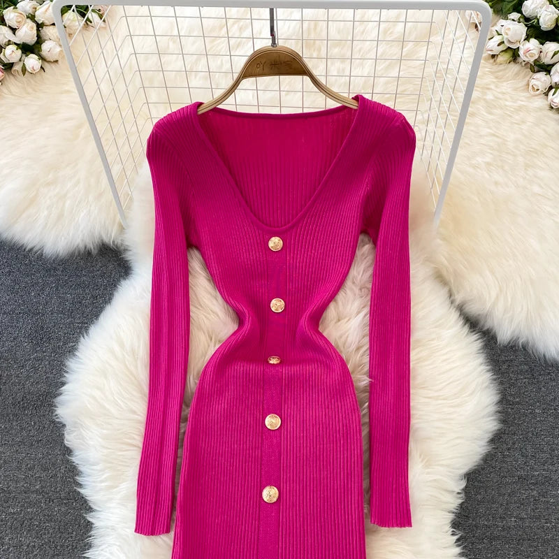 Chic V Neck Long Sleeve Elegant Mermaid Dress Sexy slim Evening Party French Fashion Knit Vestidos High Waist Autumn Slim Robe