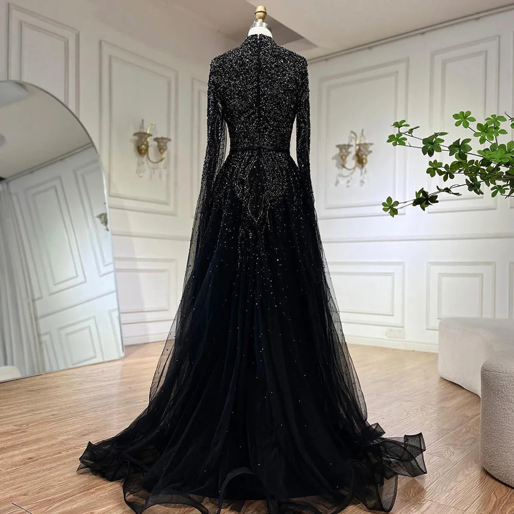 Serene Hill Blue A-Line High-end Beaded Luxury Cape Sleeves Evening Dresses Gowns 2024 For Woman Party Plus Size LA70066B