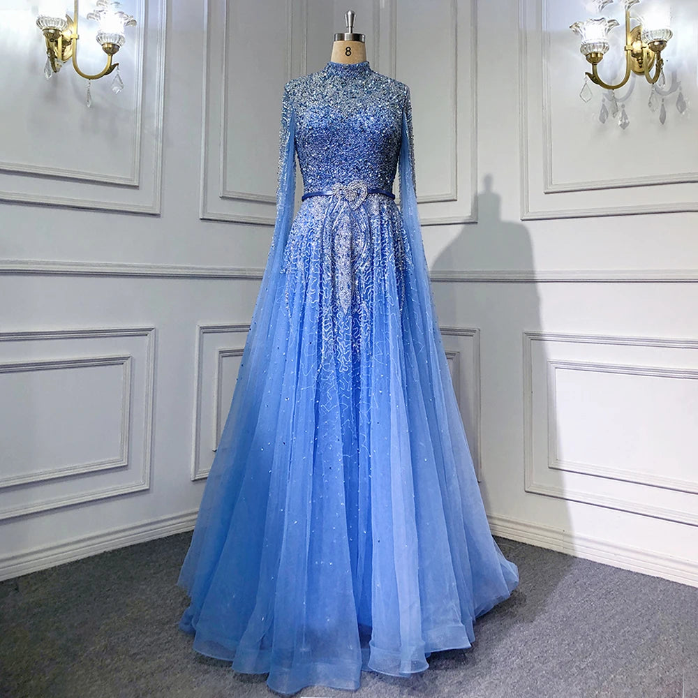 Serene Hill Blue A-Line High-end Beaded Luxury Cape Sleeves Evening Dresses Gowns 2024 For Woman Party Plus Size LA70066B