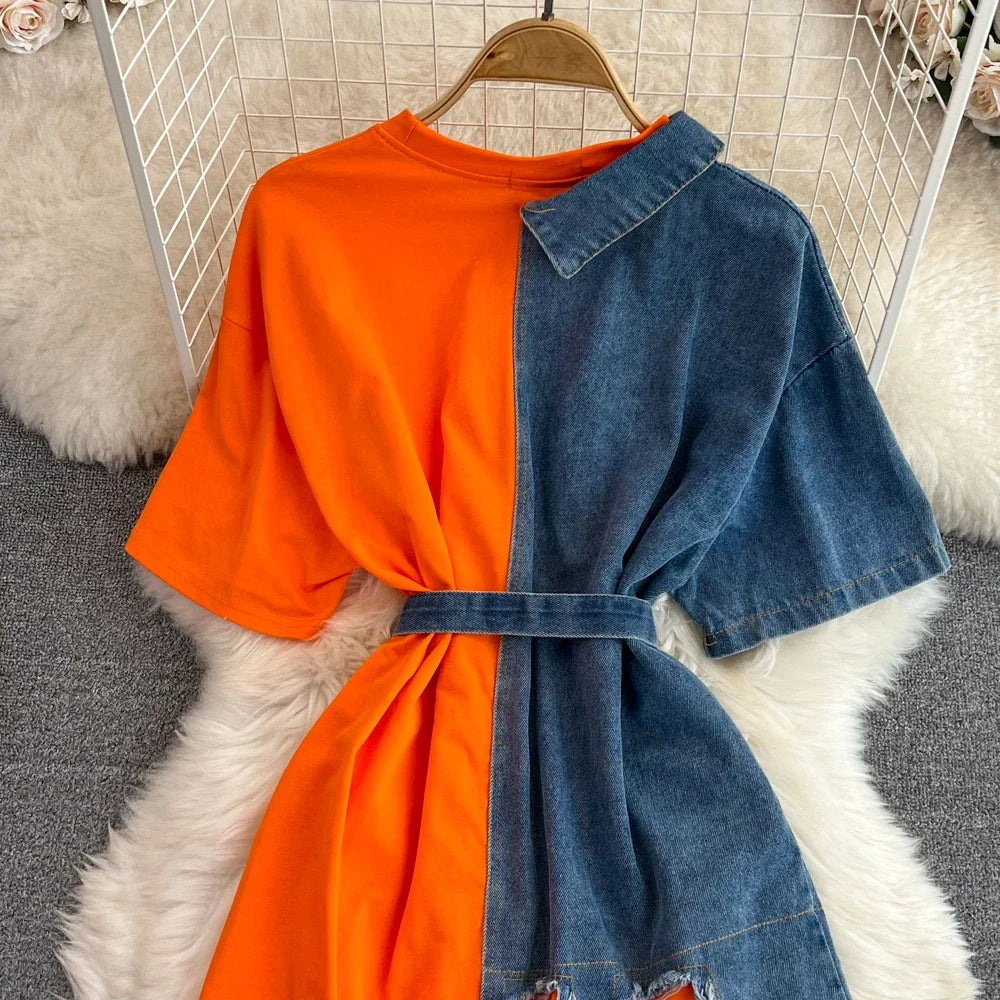 Women Summer Casual T Shirt Short Sleeve Streetwear Patchwork Denim Long Shirts Female O-neck Slim Jeans Tops