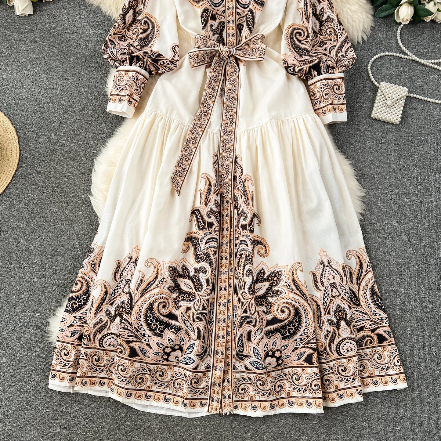Vintage Print Elegant Half High Collar Lantern Long Sleeve Dress A-line Casual Women Fashion Autumn Spring Vestidos