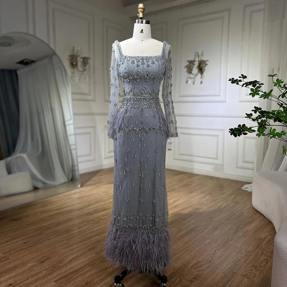 Serene Hill Muslim Turquoise Mermaid Elegant Evening Dresses Gowns 2024 Luxury Beaded Feather For Women Party LA71722