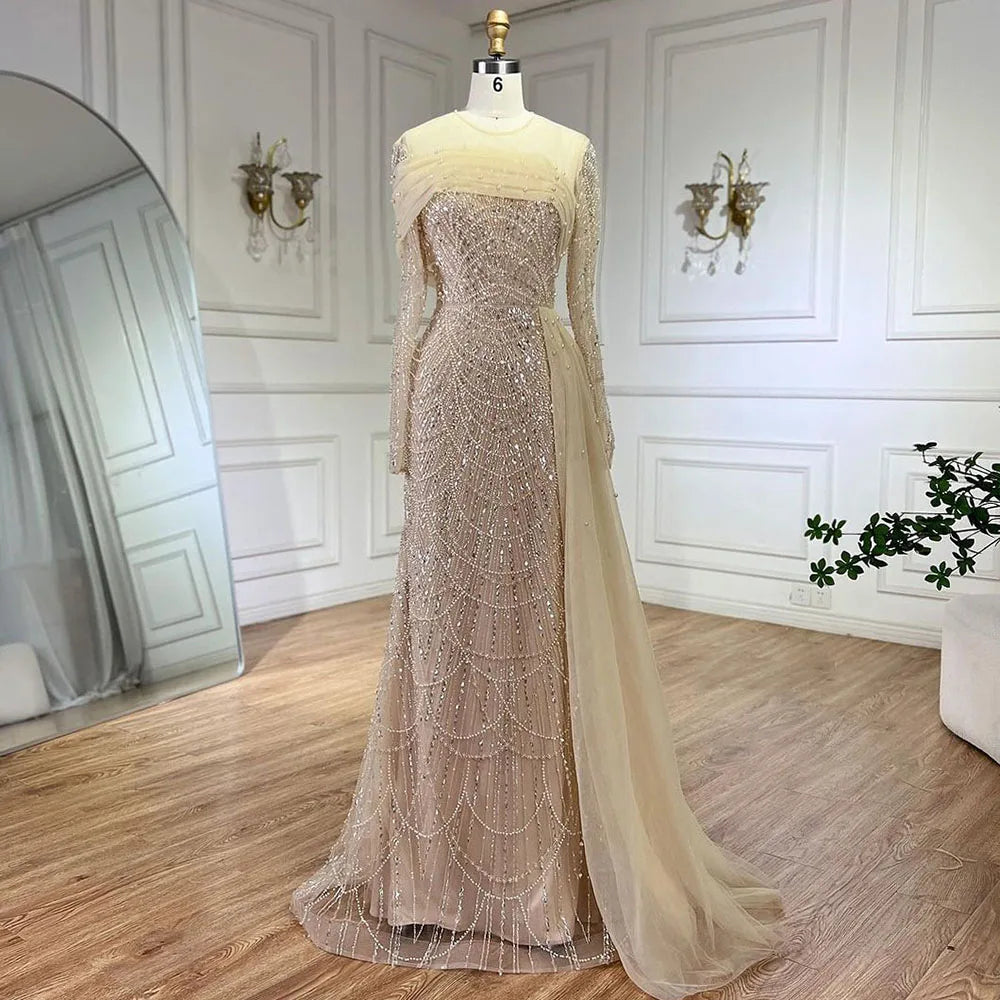 SERENE HILL 2024 Dubai Arabic Nude Mermaid Luxury Beaded Evening Dresses Gowns With Overskirt For Women Wedding Party GLA72254A