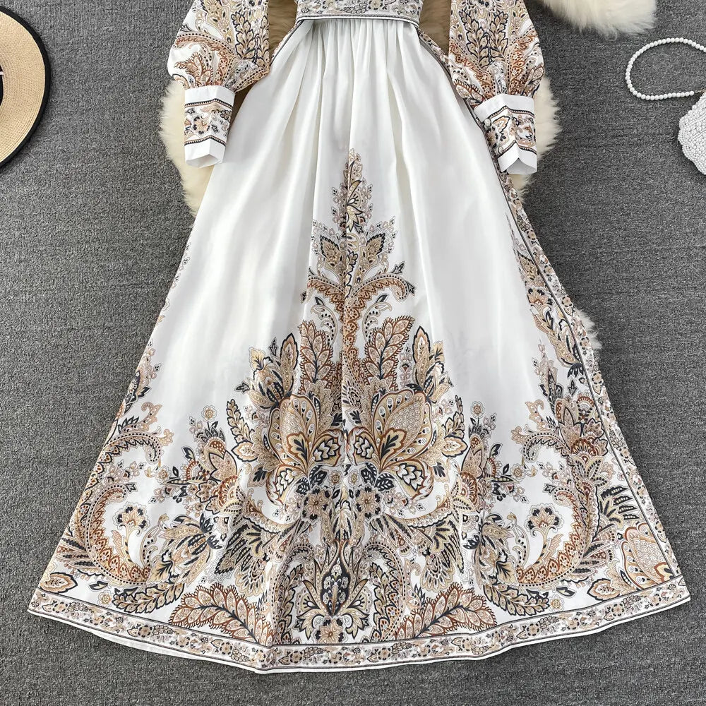 Women Vintage Long Dress Fashion Print A-line Ruffled Elegant Floral Party Dresses Ladies Long Sleeve Casual Long Robe Vestidos