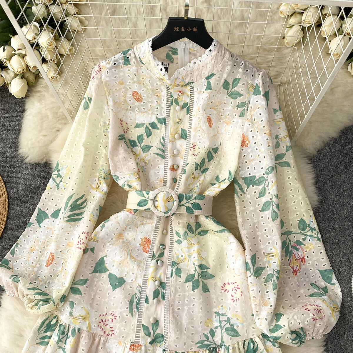 Elegant Party Dresses Woman Lace Trim Cutwork Embroidery Vintage Floral Print Dress 2023 New In Long Sleeve Mini Dress With Belt