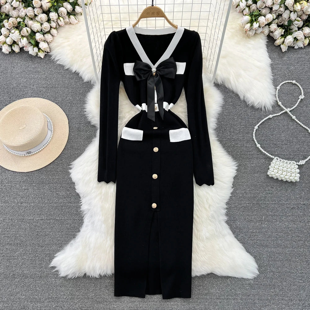 Women Elegant Butterfly Long Sleeve Bodycon V Neck Split Dress Vintage French Slim Knit Tight Vestido Autumn Winter Sweater Robe