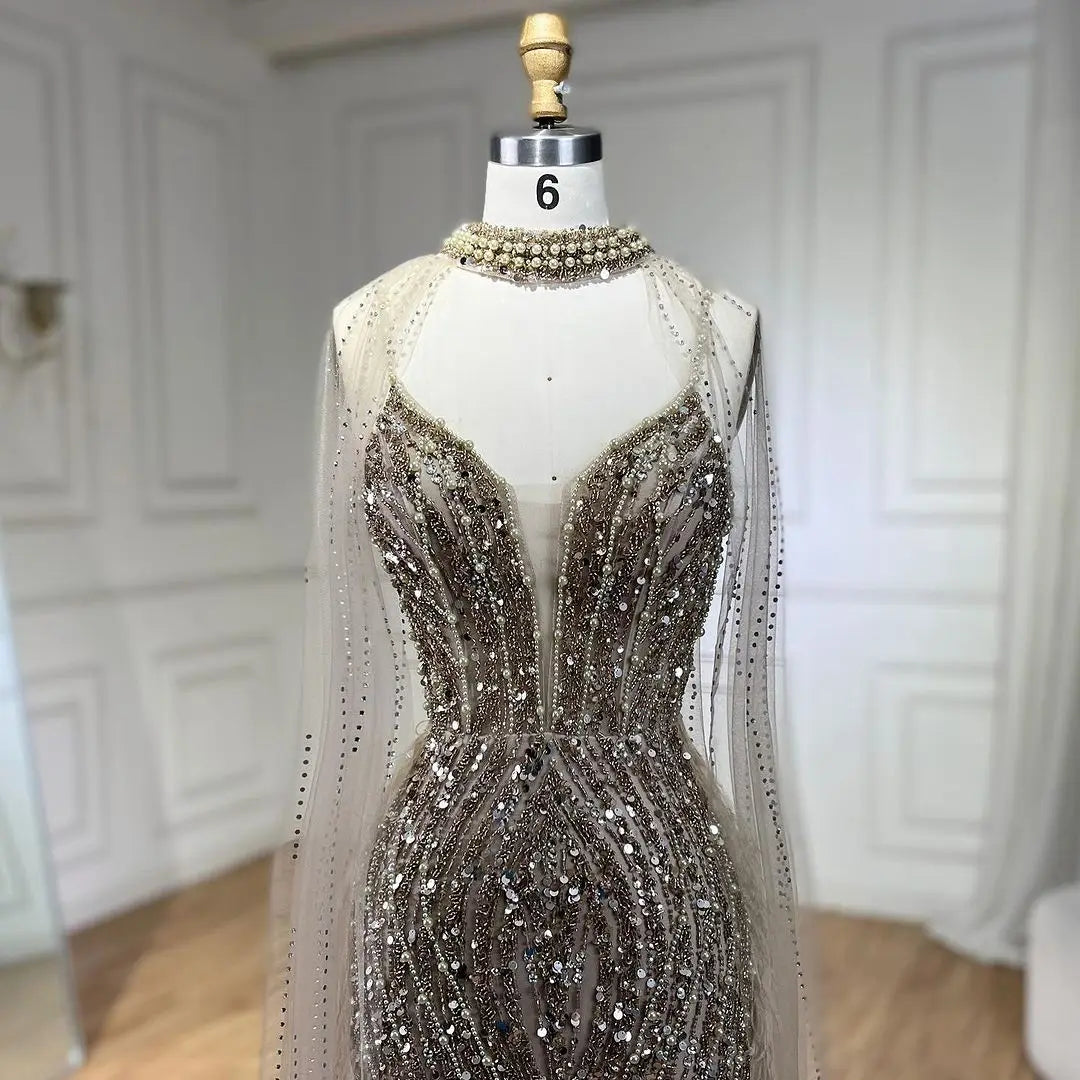 SERENE HILL 2024 White Nude Mermaid Beaded Feathers Luxury Evening Dresses Midi Gown With Cape For Women Wedding Party GLA72047A