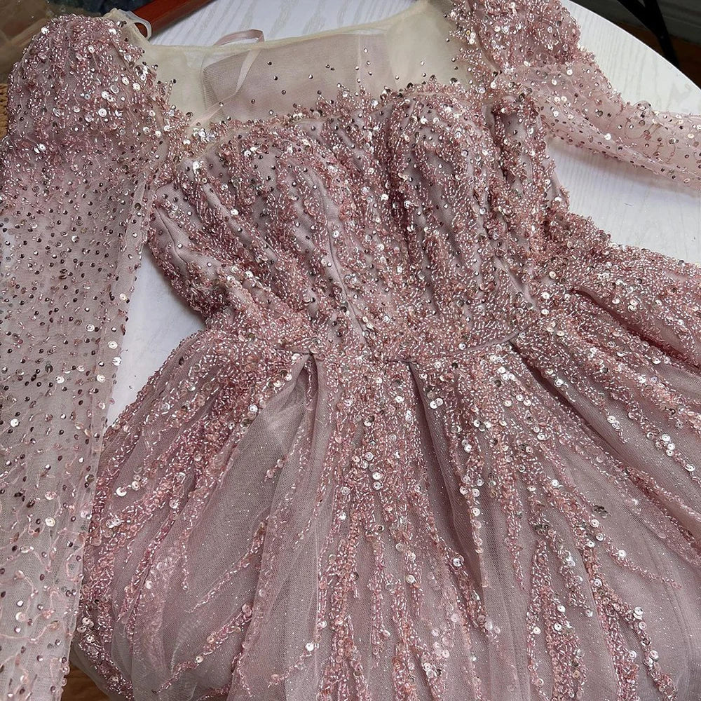 Serene Hill Muslim Pink A Line Beaded Luxury Dubai Long Evening Dresses Gowns 2024 For Woman Wedding Party LA71915