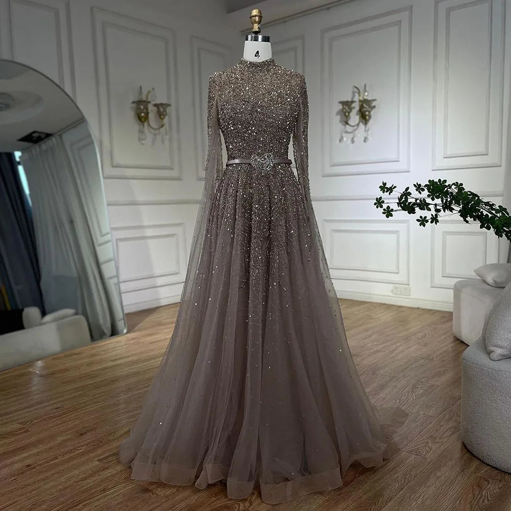 Serene Hill Blue A-Line High-end Beaded Luxury Cape Sleeves Evening Dresses Gowns 2024 For Woman Party Plus Size LA70066B