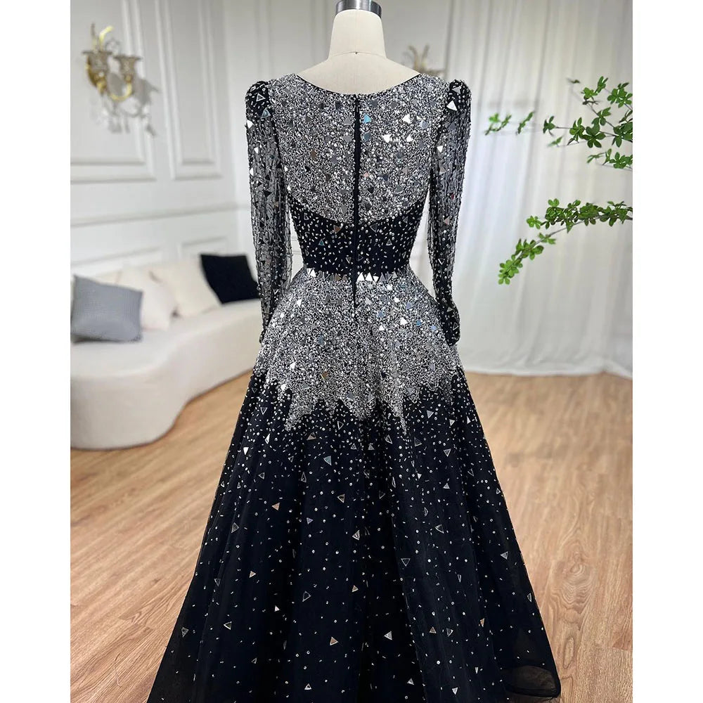 Serene Hill Muslim Black A-Line Evening Dresses Gowns 2024 Sequined Beaded Luxury For Woman Wedding Party LA71214