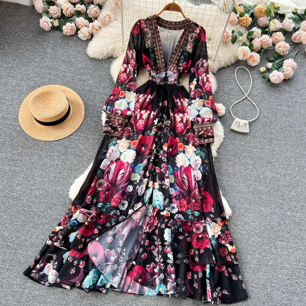 Retro Floral Print Pleated Elegant Chiffon Maxi Dress A-line Mesh V Neck Beach Vacation Party Dress Women Summer Spring Vestidos