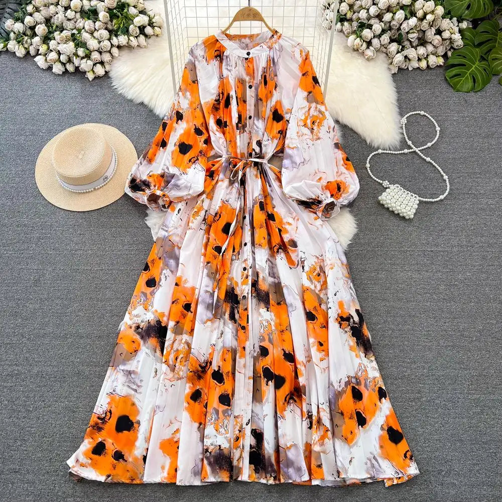 Elegant Women Casual Floral Print Party Dress Vintage Lantern Sleeve A-Line Pleated Prom Birthday Clothes Female Fashion Robe