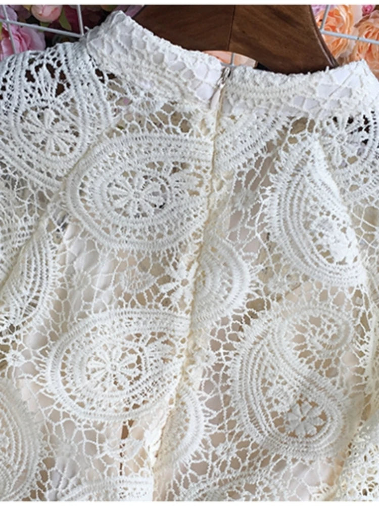 French Vintage Lace Dress Women Elegant Lantern Sleeve Party Long Dress with Belt ladies Slim A-line Spring Autumn Long Robe