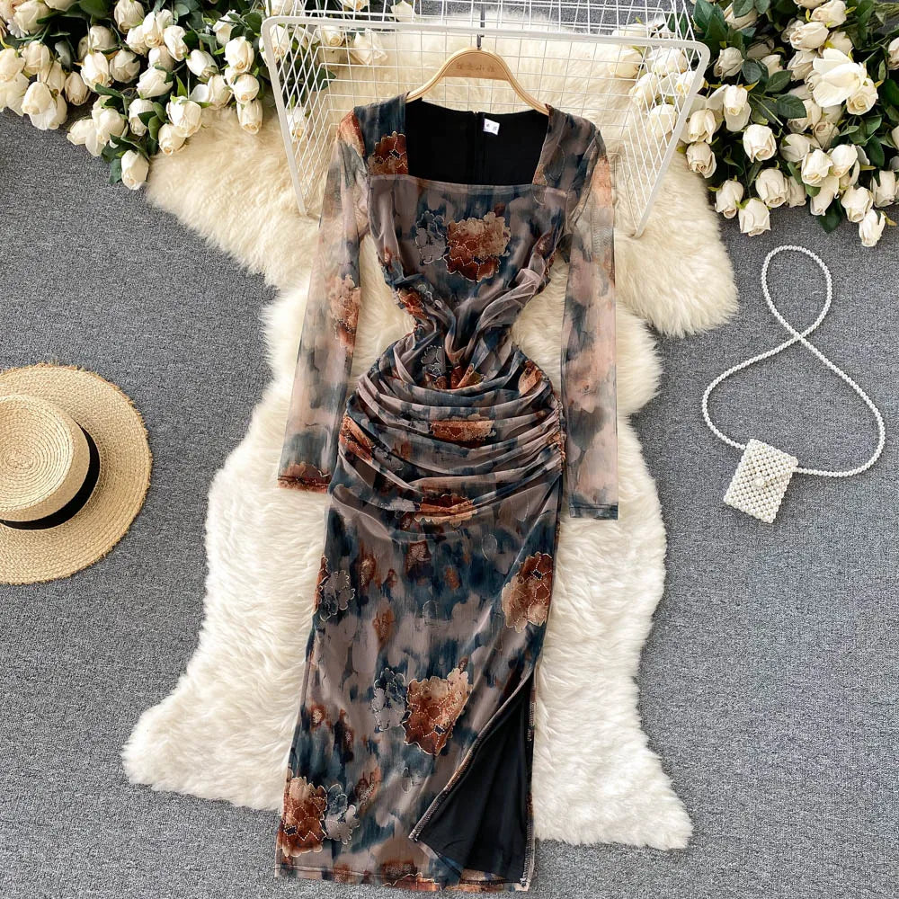 Elegant High Waist Fashion Print Pleated Split Dress Long Sleeve Square Neck Vestidos Autumn Winter Pencil Dress