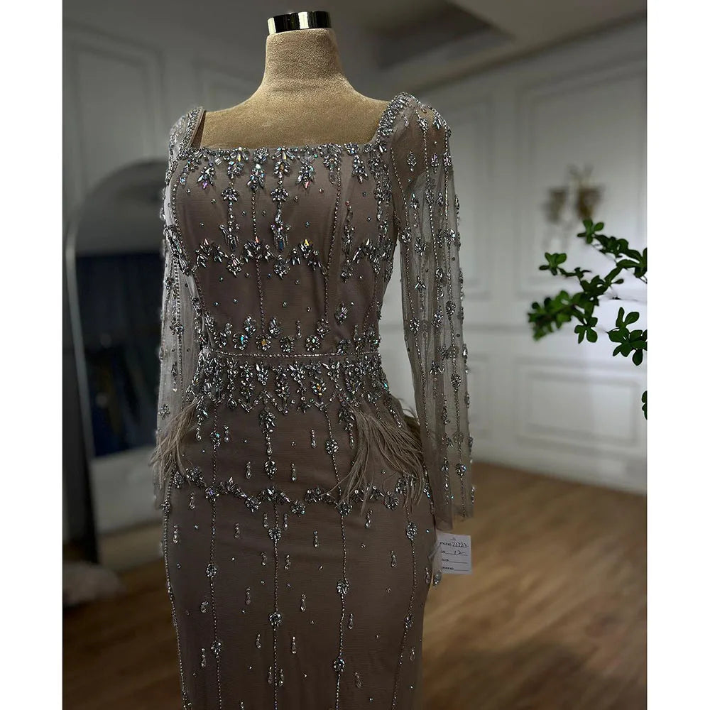Serene Hill Muslim Turquoise Mermaid Elegant Evening Dresses Gowns 2024 Luxury Beaded Feather For Women Party LA71722
