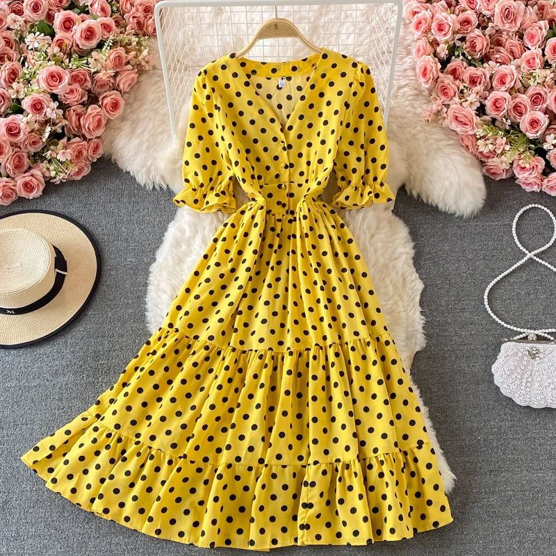 New Summer Women's Fashion Vintage Polka Dot Midi Dress Elegant and Chic A-Line Party Casual White Black Vestidos Female Robe