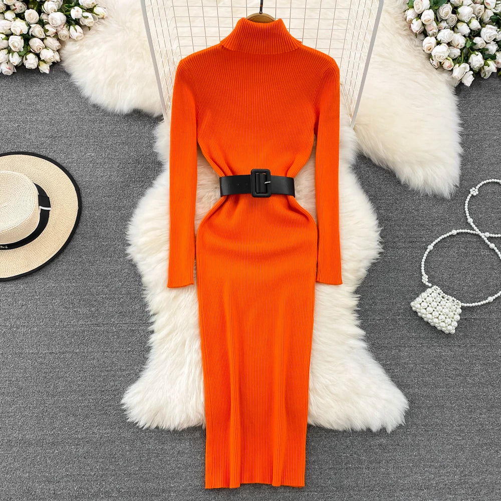 Elegant Turtleneck Long Sleeve Knit Soft Tight Pencil Dress with Belt Slim Fashion Warm Sweater Vestido Sexy Women Winter Robe