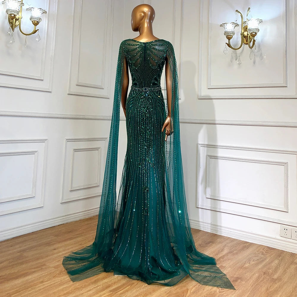Serene Hill Brown Mermaid Elegant 2024 With Cape Sleeves Beaded Luxury Evening Dresses Gowns For Women Party LA70638