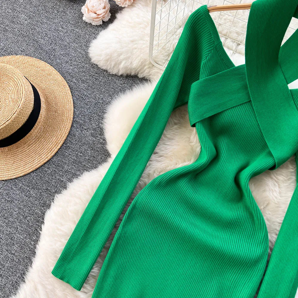 Chic Sexy Criss-cross Halter Elegant Pencil Dress Fashion Slim Knit Long Sleeve Birthday Party Vestidos Women Autumn Winter Robe