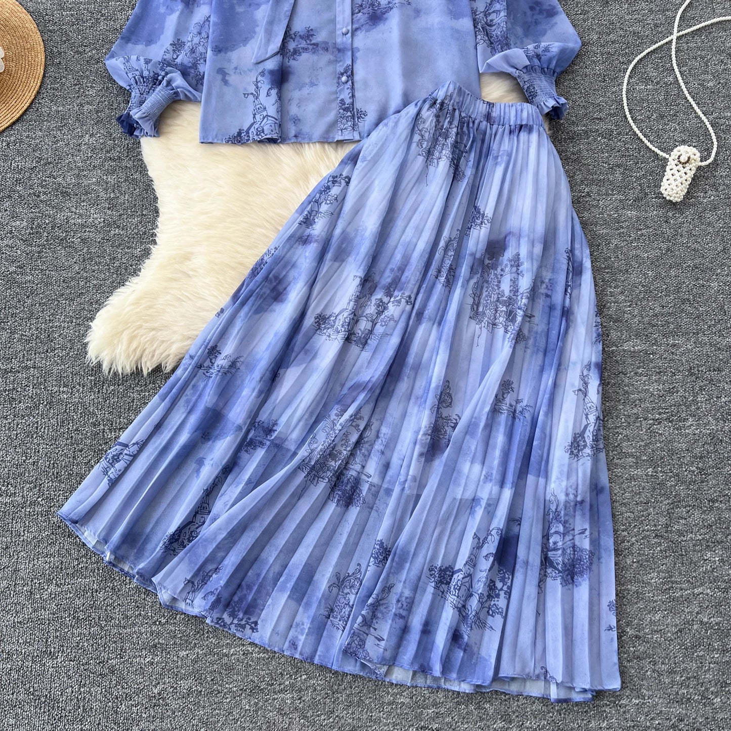 Women Chic Print Sweet Two Pieces Sets Bow Lantern Long Sleeve Top High Waitst Wide Skirt Fashion Summer Sets