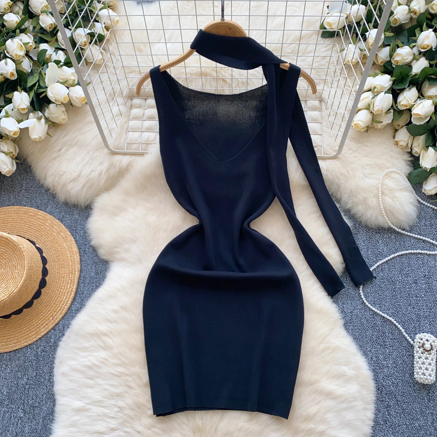 Sexy V-Neck Knitted Mini Dress for Women Elegant Spaghetti Strap Ribbon Slim Dresses One Piece Solid Female Clothes Autumn New