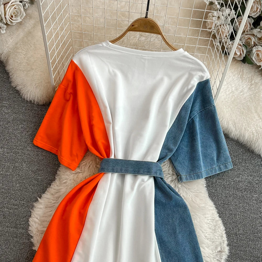 Women Summer Casual T Shirt Short Sleeve Streetwear Patchwork Denim Long Shirts Female O-neck Slim Jeans Tops