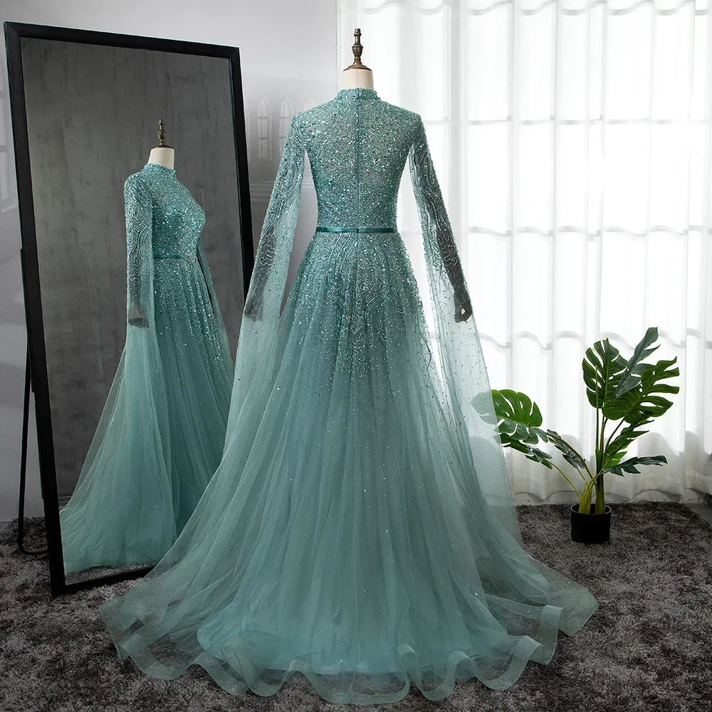 Serene Hill Blue A-Line High-end Beaded Luxury Cape Sleeves Evening Dresses Gowns 2024 For Woman Party Plus Size LA70066B