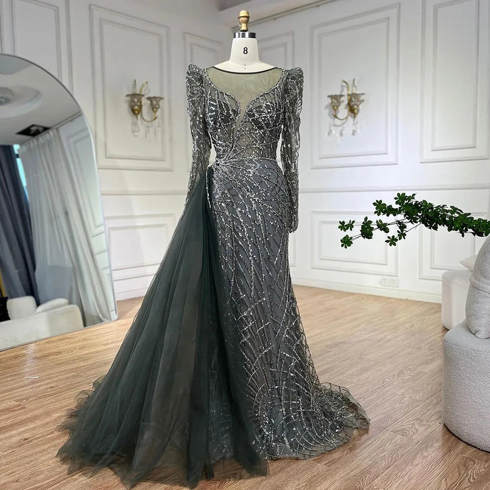 Serene Hill Muslim Gold Mermaid Beaded Luxury Dubai Evening Dresses Gowns With Overskirt 2024 For Women Party LA72206
