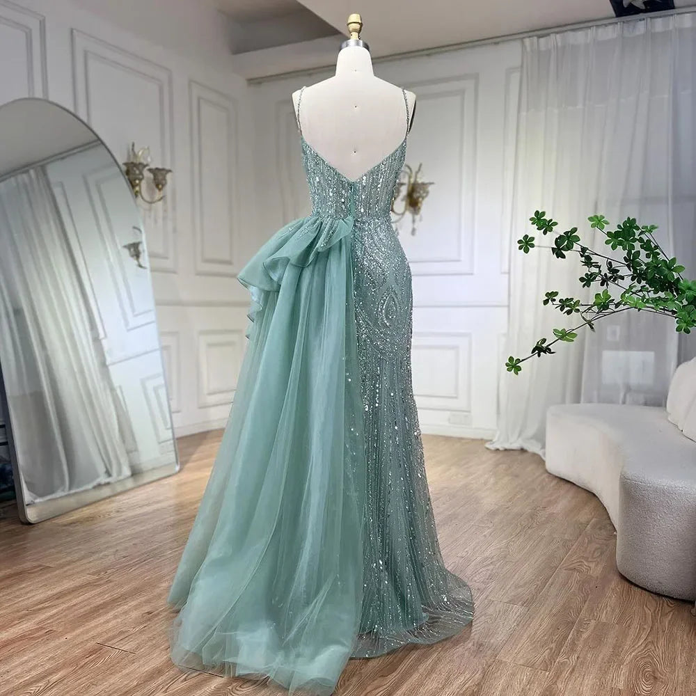 SERENE HILL 2024 Turquoise Spaghetti Strap Luxury Beaded Evening Dresses Mermaid Elegant Overskirt Gown For Women Party GLA72378