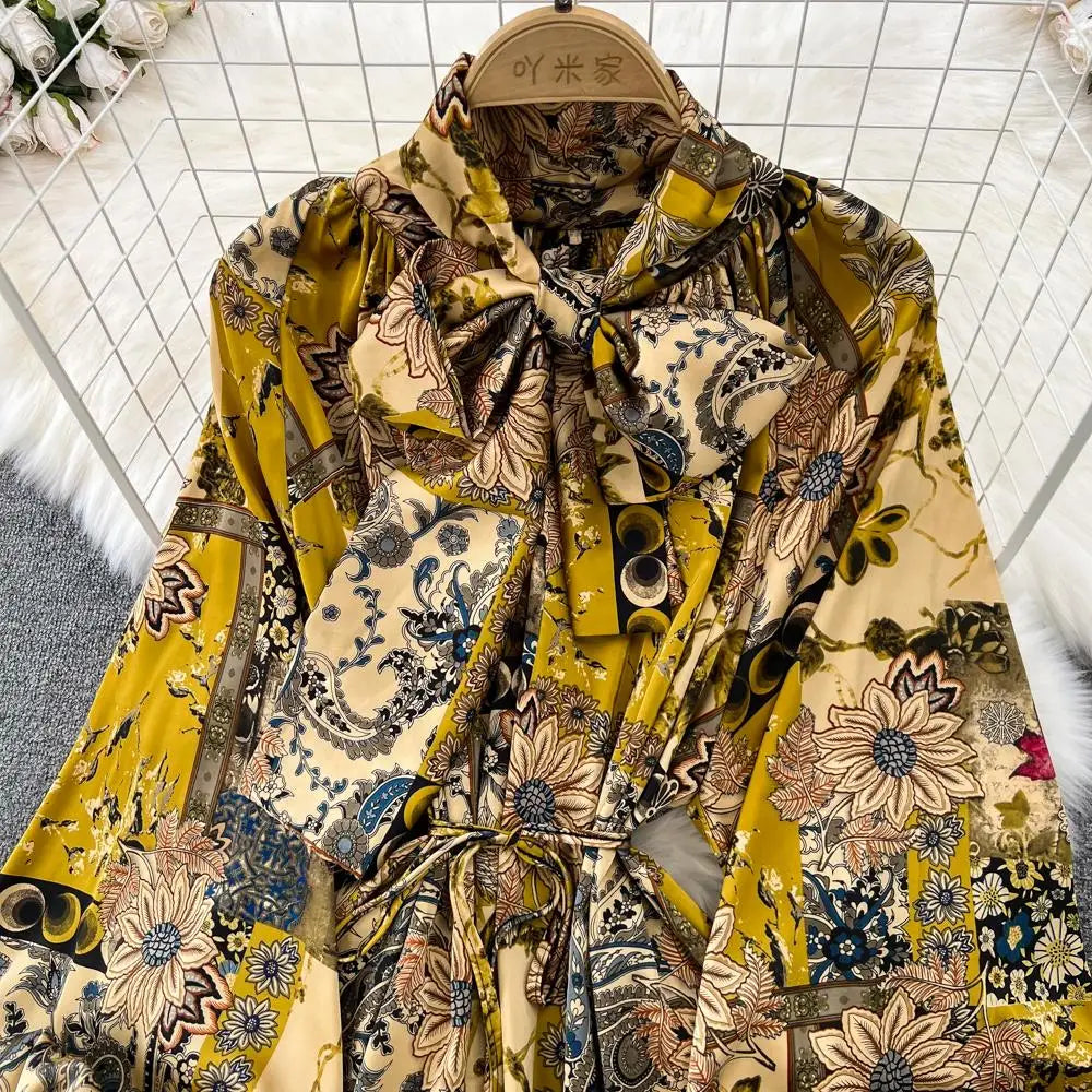Women Casual A-Line Vintage Floral Long Dress Autumn Elegant Chic Party Boho Maxi Dresses Beach Holiday Female Vestidos New