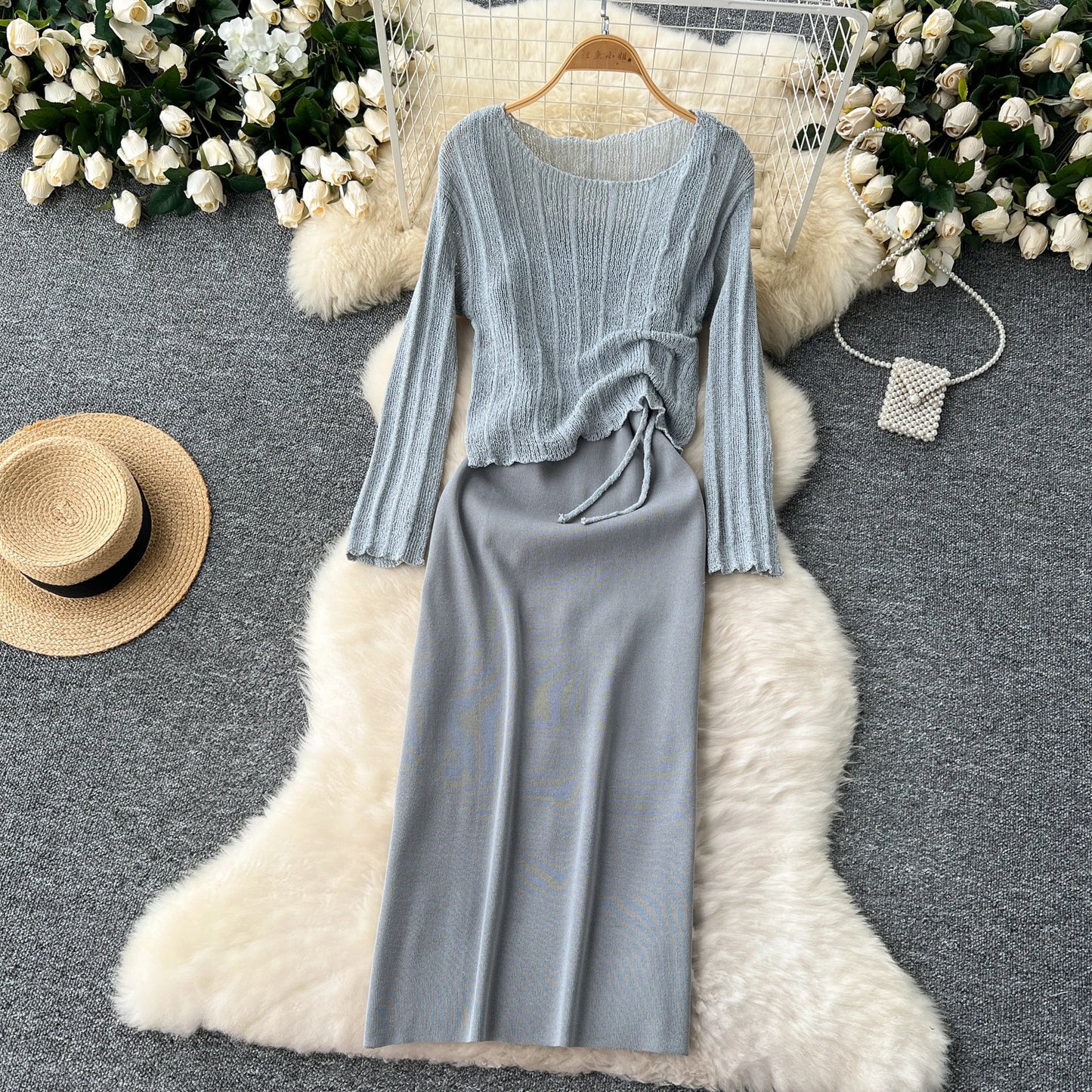 French Vintage Shirring lool sleeve slip knit overcoat with sweet slip A-line Chic Casual Vacation Women Summer dresses