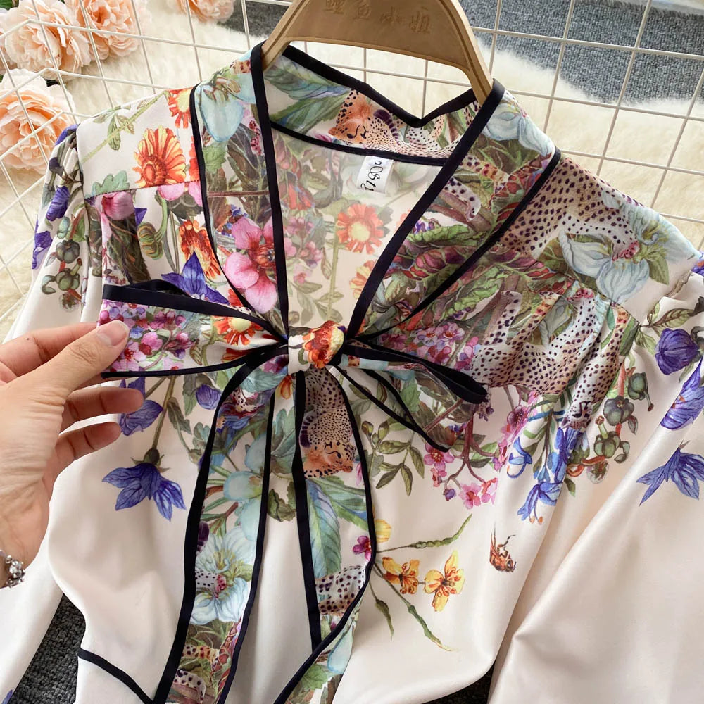 Vintage Elegant Long Dress Women Slim Floral Printed Party Dresses Tie Bow Elastic Waist Lantern Long Sleeve Long Robe Vestidos