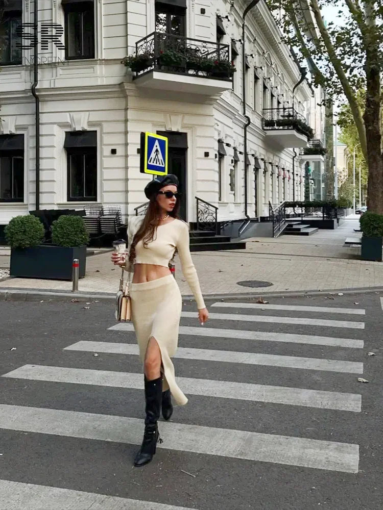SINGREINY 2024 Autumn Skinny Knitted Sets Short Tops+Slim Long Split Skirt Women Korean Style Sweater Fashion Two Pieces Suits