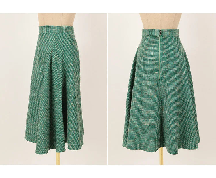 Elegant Temperament Two-Piece Set Tweed for Women Short Blazer Jacket +High Waist Swing Skirt Suits Green Korean Outfits