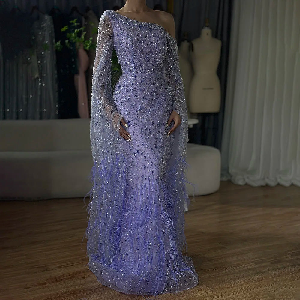 Serene Hill 2024 Arabic Rose Gold A-Line Cape Sleeve Feather Beaded Luxury Saudi Evening Gown for Formal Occasion LA72763