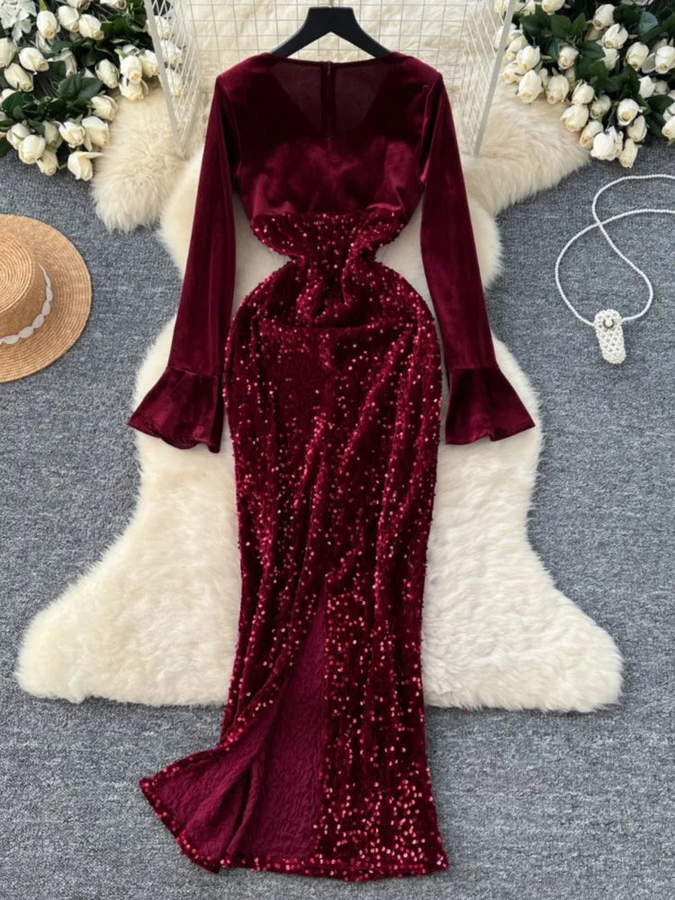 Women's Sexy Velvet Evening Gown Luxury Dresses V-Neck Flare Sleeve Split Long Dress Fashion Slim Robe Birthday Party Autumn New