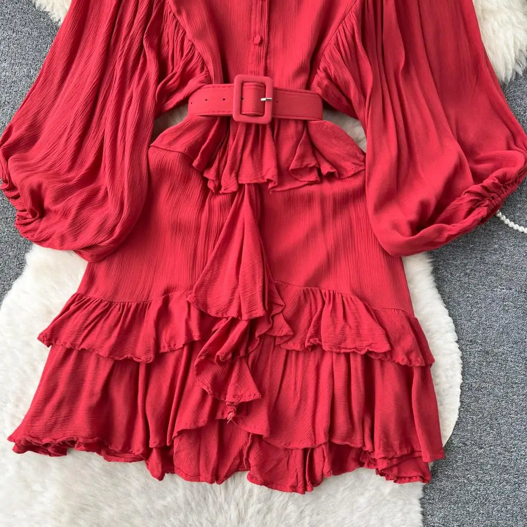 Vintage Puff Sleeve Ruffle Dress Women O-Neck A-Line Elegant Casual Party Prom Dresses Korean Autumn Fashion Female Vestidos New