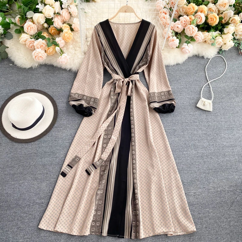 Vintage Print Elegant Puff Sleeve One Piece Dress A-line Lace-up Beach Vacation Midi Dress Women Fashion Spring Autumn Vestidos