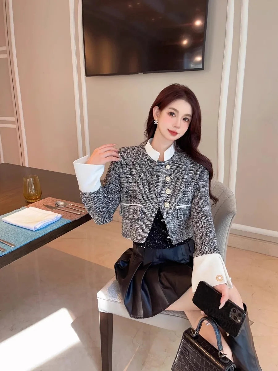 High-end Color Contrast Small Fragrance Equestrian clothing for Women Autumn New Loose and Fashionable Coarse Tweed Short Coat