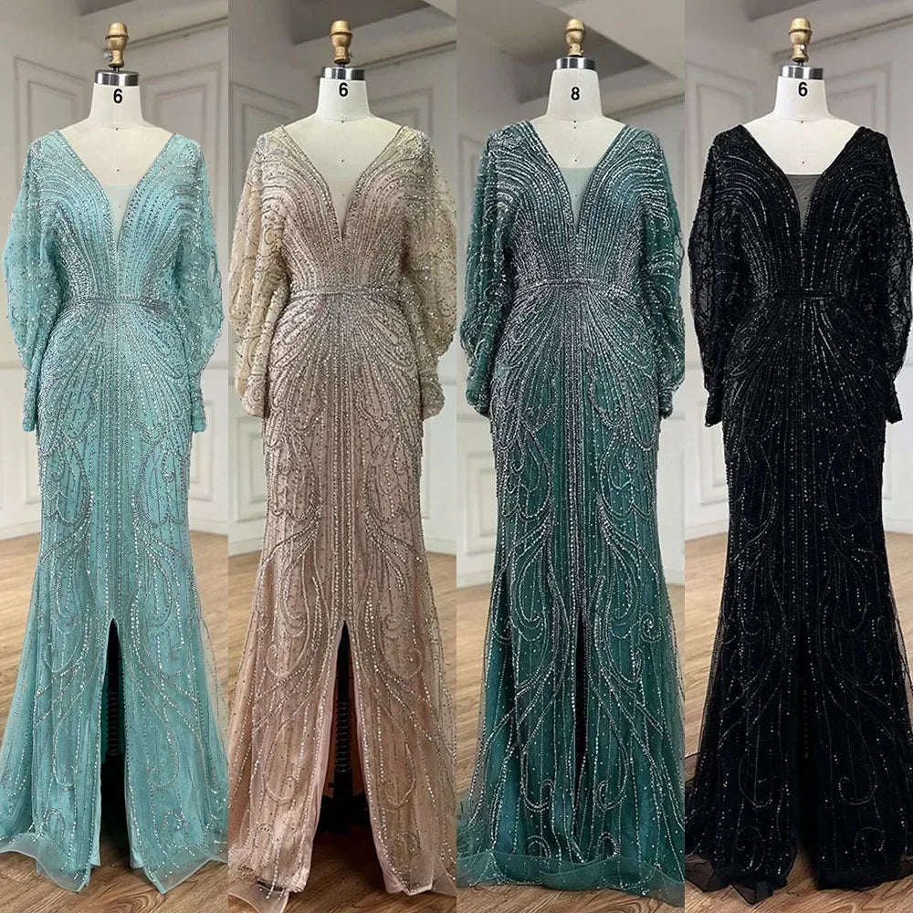SERENE HILL 2024 Arabic Gold Elegant Mermaid Black Luxury Beaded Evening Dresses Gowns Diamond For Women Wedding Party GLA72288A